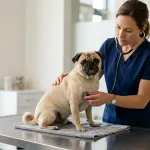 Adult fawn Pug sitting on an examination table during a clinical checkup for common Pug health problems