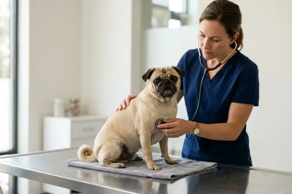 Adult fawn Pug sitting on an examination table during a clinical checkup for common Pug health problems