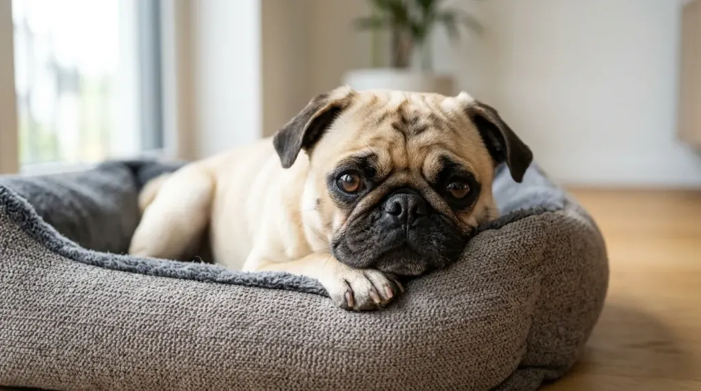Close-up of a fawn Pug showing facial conformation and skin folds relevant to breed respiratory and skin health