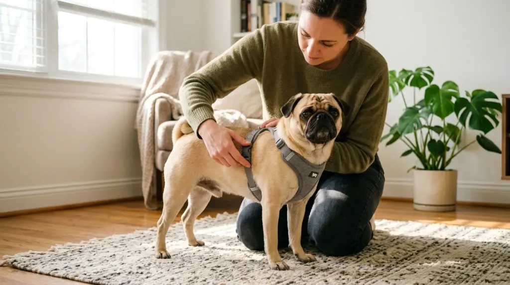 Owner placing a supportive chest harness on a Pug for safe daily exercise and airway protection
