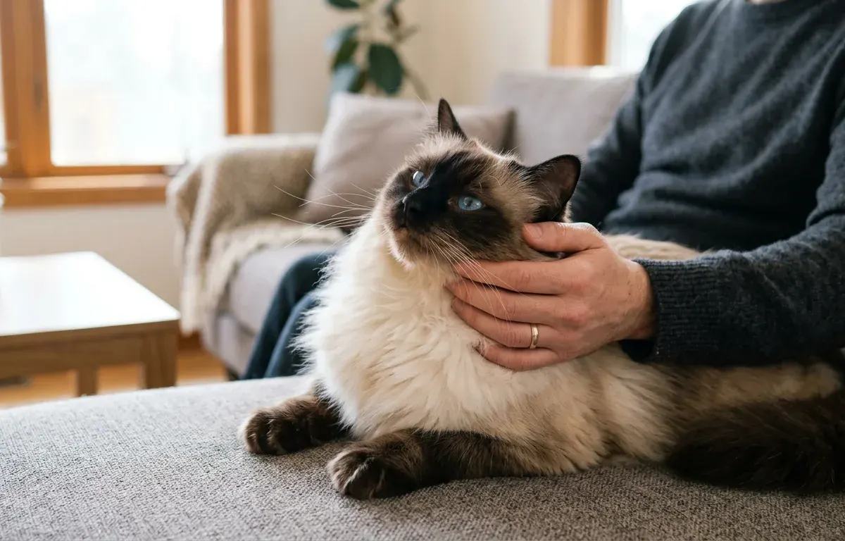 An affectionate seal point Ragdoll cat exhibiting relaxed and friendly behavior toward its owner in a home setting