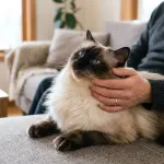 An affectionate seal point Ragdoll cat exhibiting relaxed and friendly behavior toward its owner in a home setting