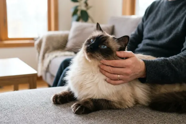An affectionate seal point Ragdoll cat exhibiting relaxed and friendly behavior toward its owner in a home setting