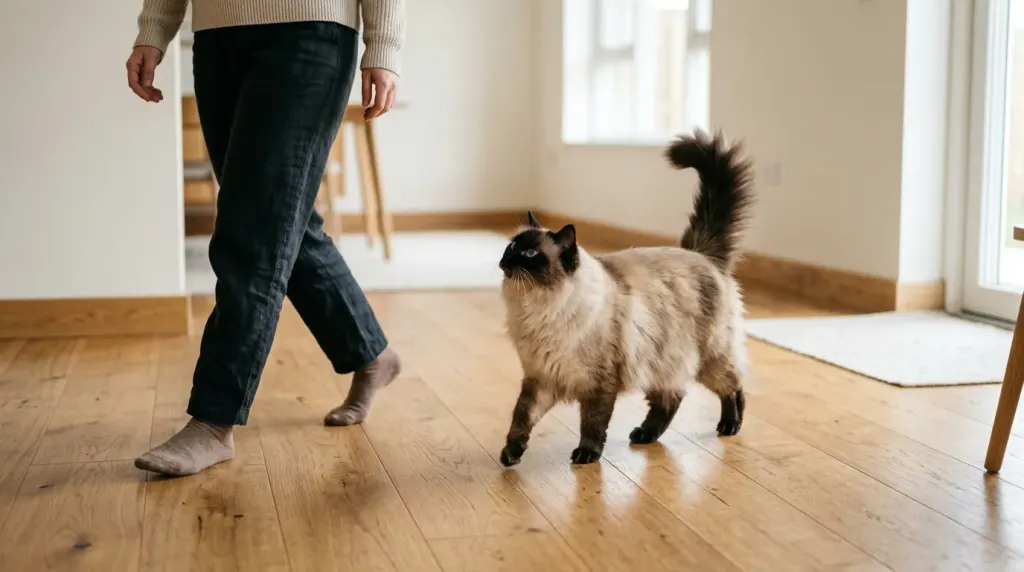 A seal point Ragdoll cat demonstrating puppy-like shadowing behavior by following its human companion through the house