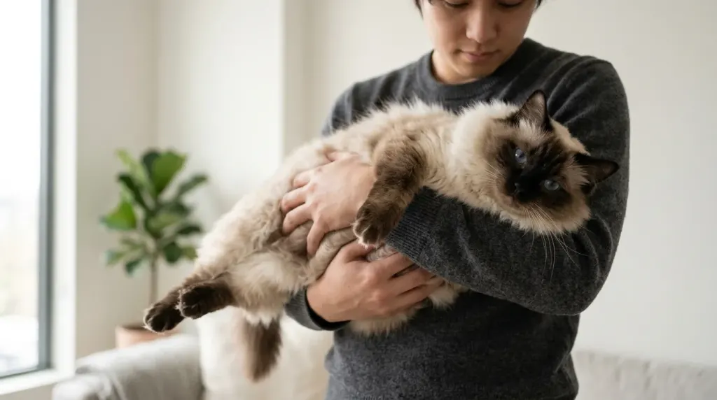 A relaxed Ragdoll cat exhibiting the characteristic floppy posture when safely supported in a person's arms