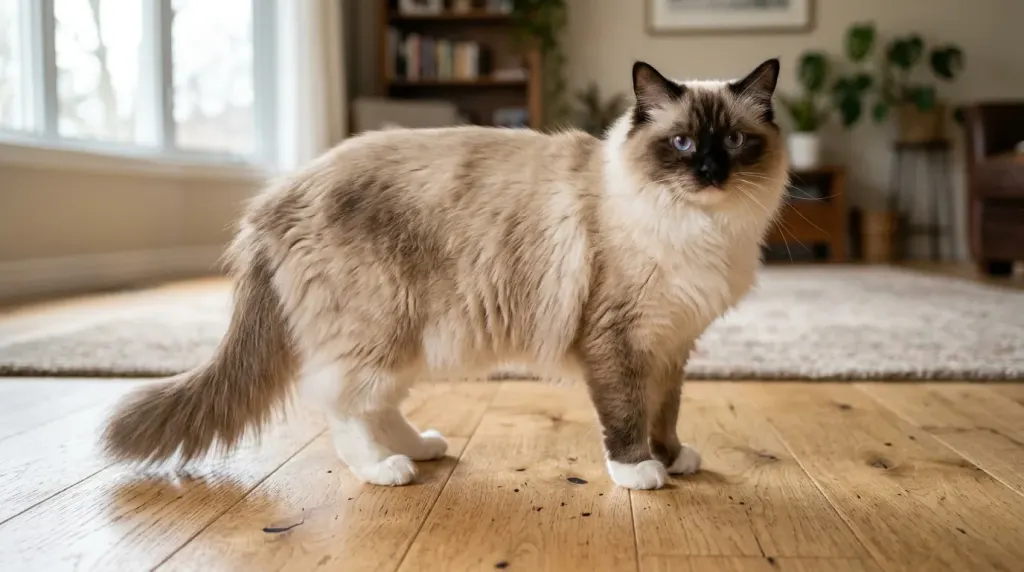 Mitted Ragdoll cat standing on wooden floor showing white front mitts and white chin
