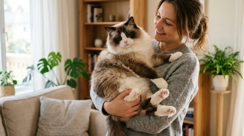 Large seal bicolor Ragdoll cat relaxing comfortably in owner's arms demonstrating gentle temperament
