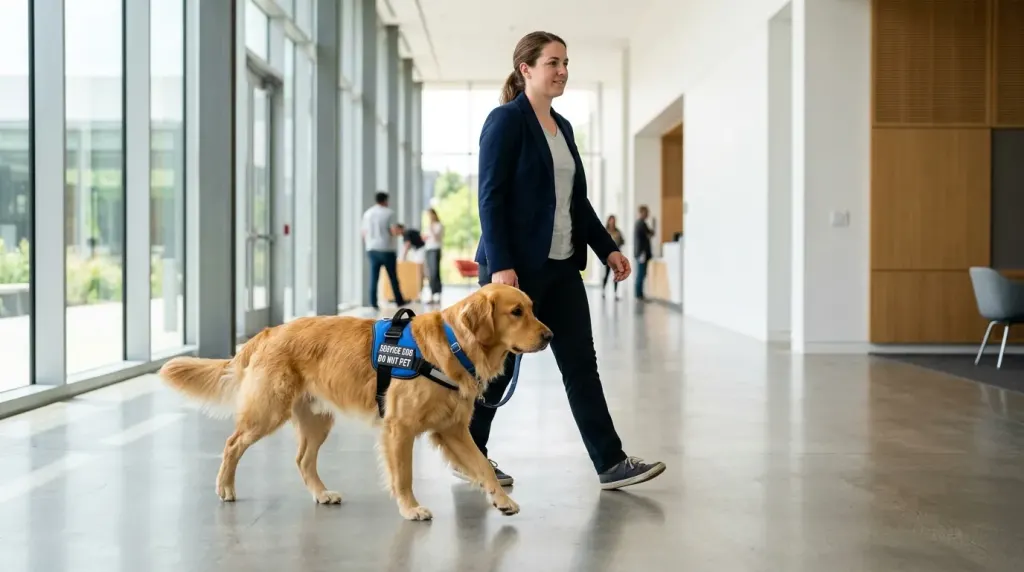 Trained Golden Retriever service dog wearing an assistance harness demonstrating working focus.