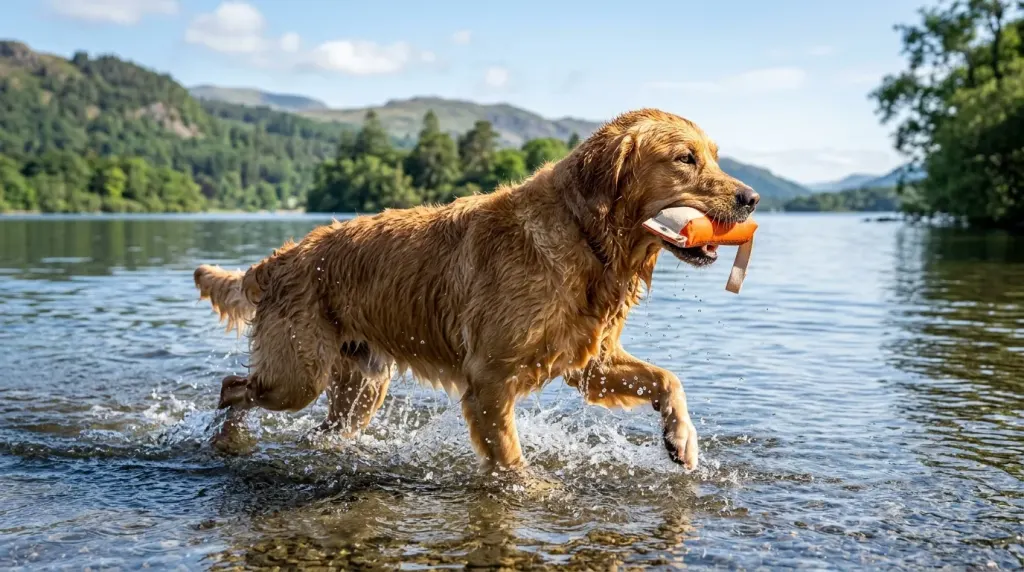 Golden Retriever swimming to retrieve a training toy from a freshwater lake.