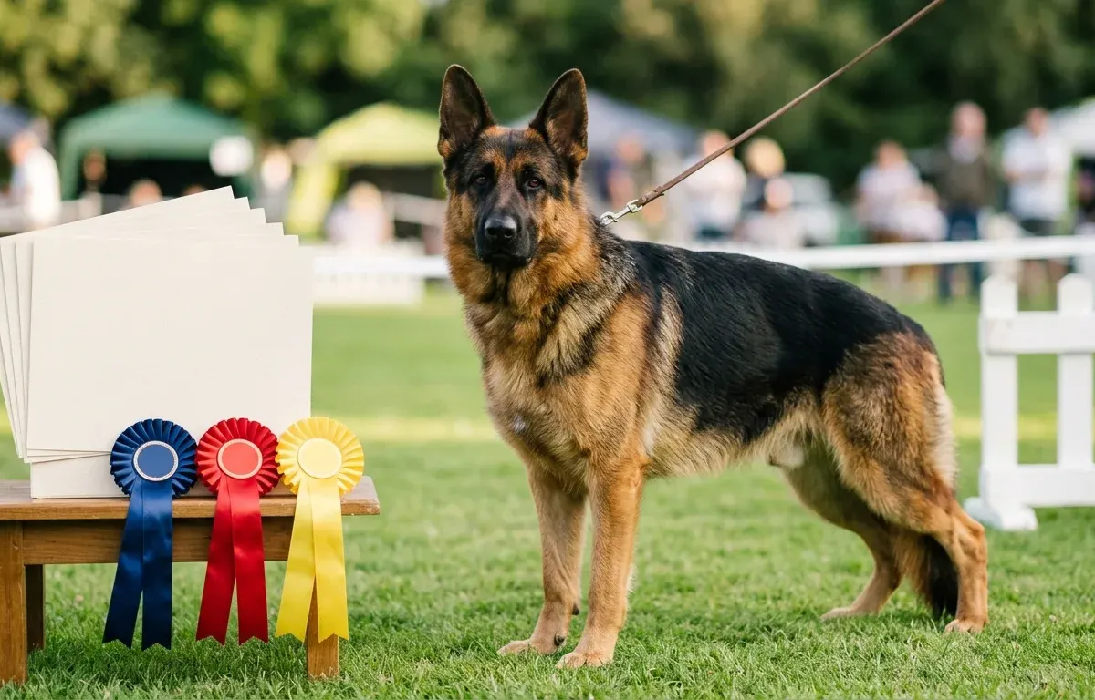 German Shepherd Dog standing in show ring beside official kennel club breed standard documents
