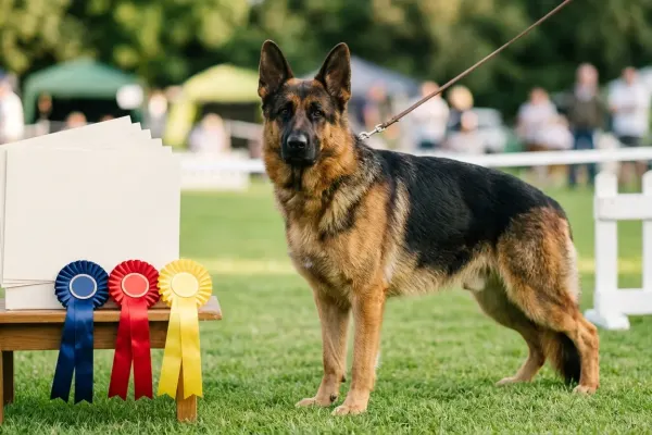 German Shepherd Dog standing in show ring beside official kennel club breed standard documents