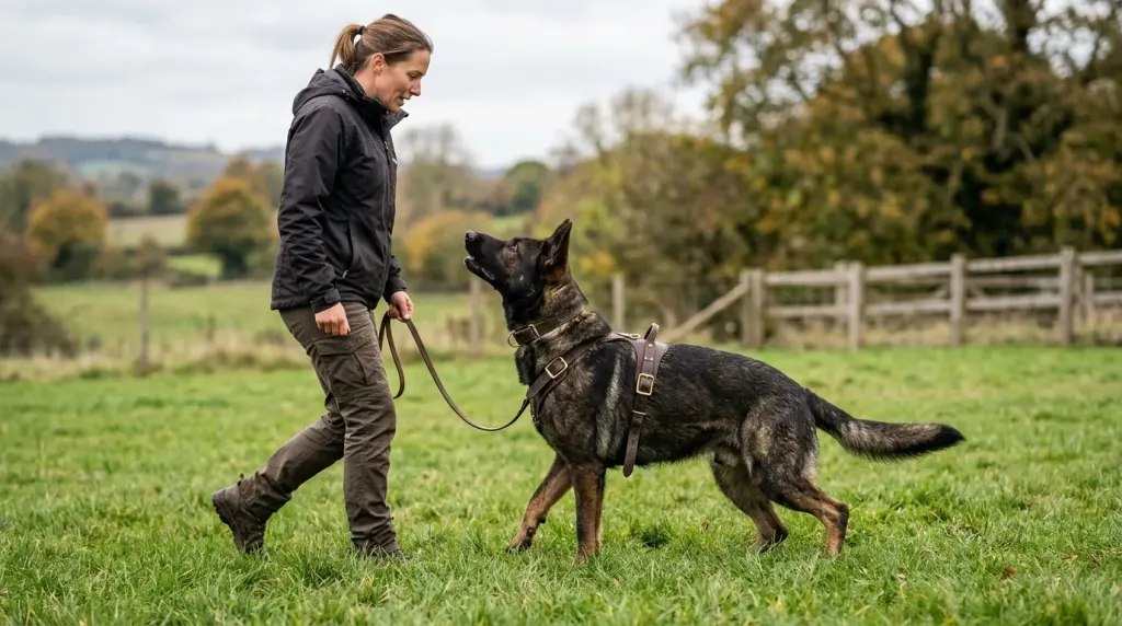 Working-line German Shepherd in harness performing obedience training in a field