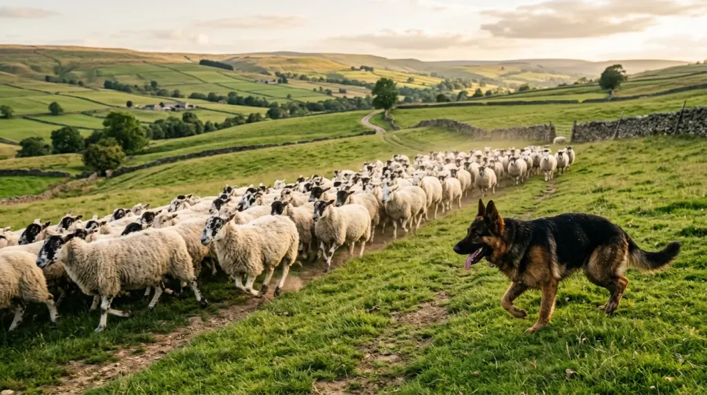German Shepherd herding sheep across a pasture demonstrating historical pastoral instincts