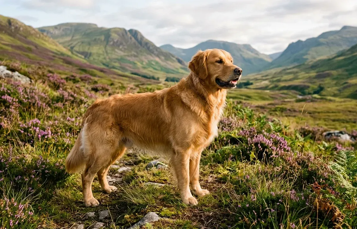A purebred Golden Retriever standing in an open grassy field showcasing its athletic build and golden coat.