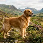 A purebred Golden Retriever standing in an open grassy field showcasing its athletic build and golden coat.