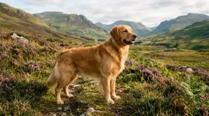 A purebred Golden Retriever standing in an open grassy field showcasing its athletic build and golden coat.