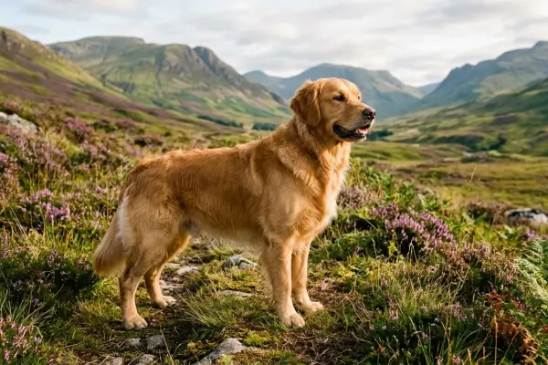 A purebred Golden Retriever standing in an open grassy field showcasing its athletic build and golden coat.