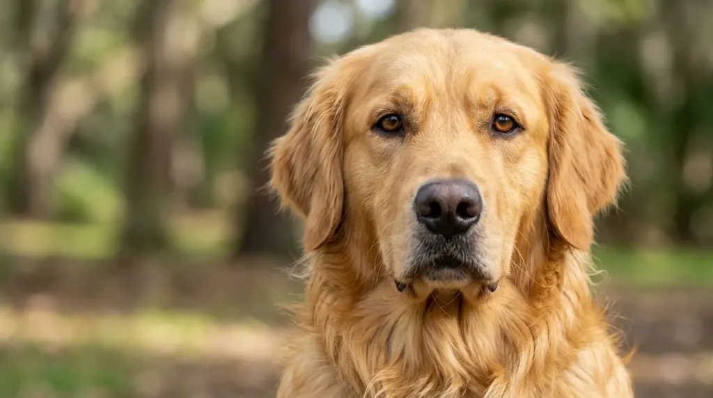 Detailed portrait of a Golden Retriever highlighting official breed head shape and facial features.