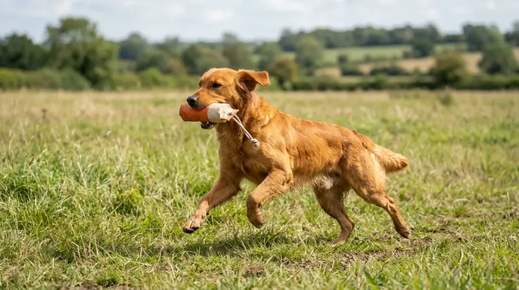 An athletic field Golden Retriever retrieving training equipment in an open field.