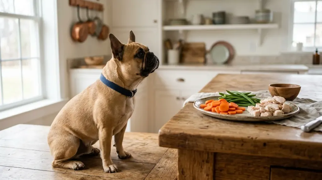 Fresh safe dog treats including cooked chicken, cucumber slices, and blueberries for French Bulldogs