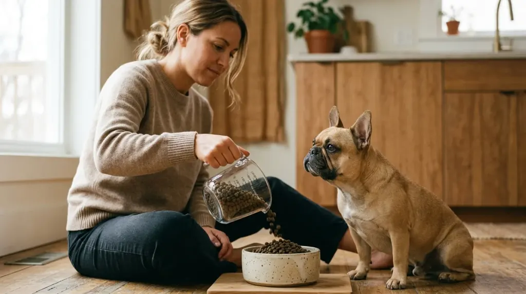 Adult French Bulldog eating a measured meal portion from a slow feeder bowl