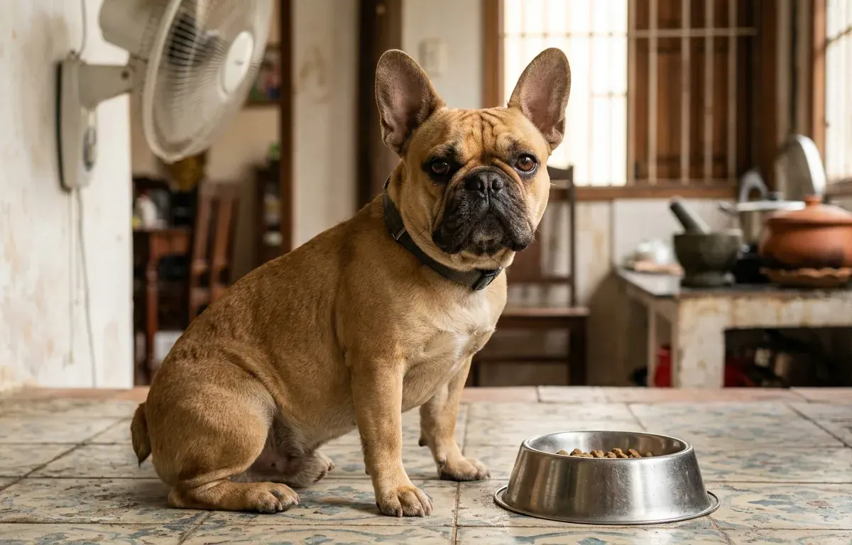 Chó Pháp trưởng thành ngồi cạnh bát ăn bằng thép trên nền bếp lát gạch