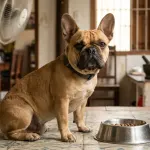 Chó Pháp trưởng thành ngồi cạnh bát ăn bằng thép trên nền bếp lát gạch
