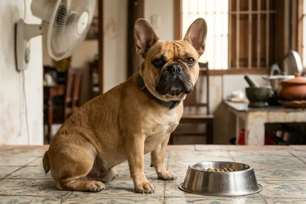 Chó Pháp trưởng thành ngồi cạnh bát ăn bằng thép trên nền bếp lát gạch