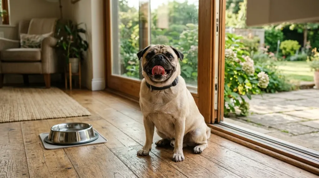 A Pug sitting upright near an open window to ease breathing restlessness and body heat.