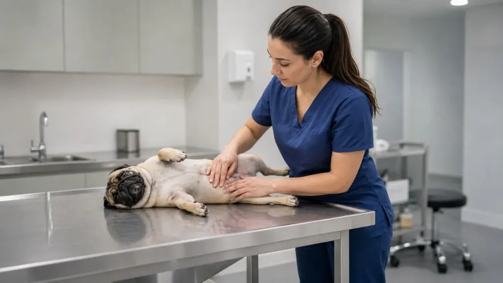A veterinarian examining a Pug suffering from severe abdominal pain and physical restlessness during an emergency evaluation.