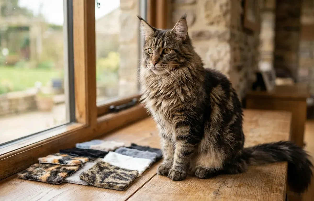 A brown classic tabby Maine Coon cat displaying a full coat and lynx ear tufts illustrating breed color varieties.