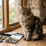 A brown classic tabby Maine Coon cat displaying a full coat and lynx ear tufts illustrating breed color varieties.