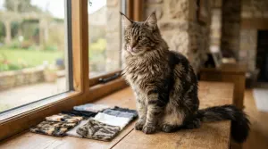 A brown classic tabby Maine Coon cat displaying a full coat and lynx ear tufts illustrating breed color varieties.