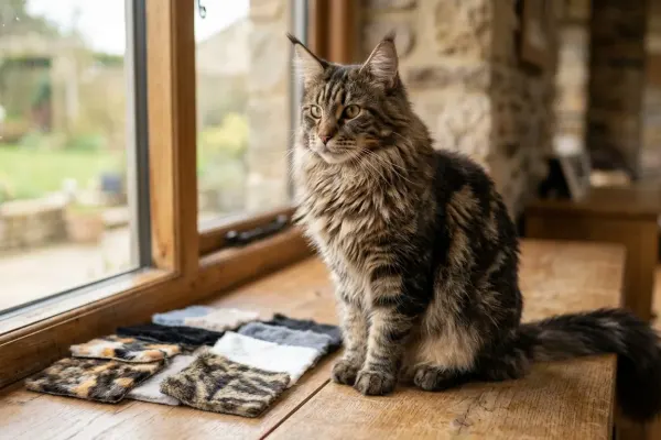 A brown classic tabby Maine Coon cat displaying a full coat and lynx ear tufts illustrating breed color varieties.