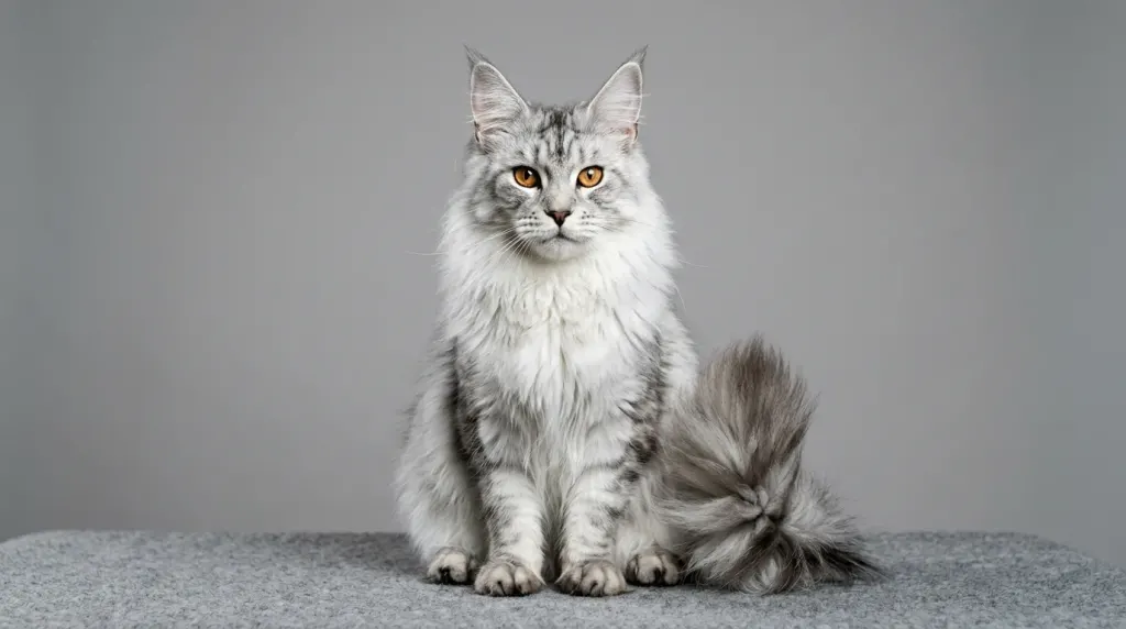 A shaded silver Maine Coon cat demonstrating the shaded and smoke color class with a shimmering white undercoat.