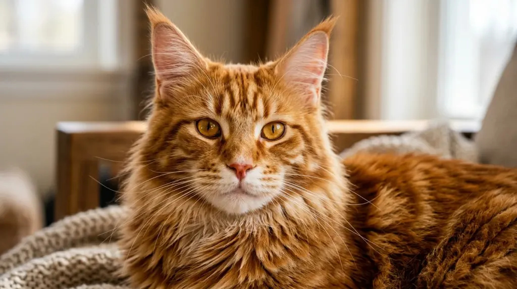 A ginger red tabby Maine Coon cat displaying characteristic orange facial striping and amber eyes.