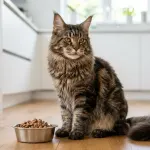 A large brown tabby Maine Coon cat sitting beside a bowl of nutritious cat food in a modern kitchen.