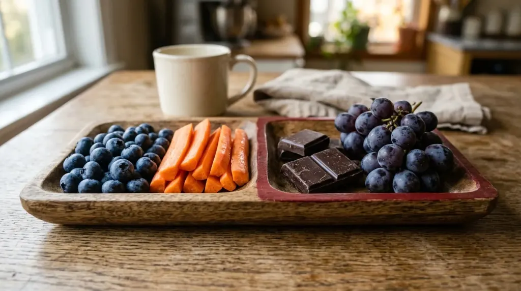 Comparison layout showing safe fruits for pugs to eat next to toxic foods to avoid.