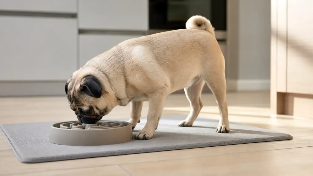 Fawn pug eating meal from a slow-feeder maze bowl to prevent fast eating and air swallowing.