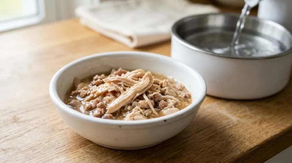 High-protein wet cat food with chicken served in a ceramic bowl for optimal feline nutrition and hydration