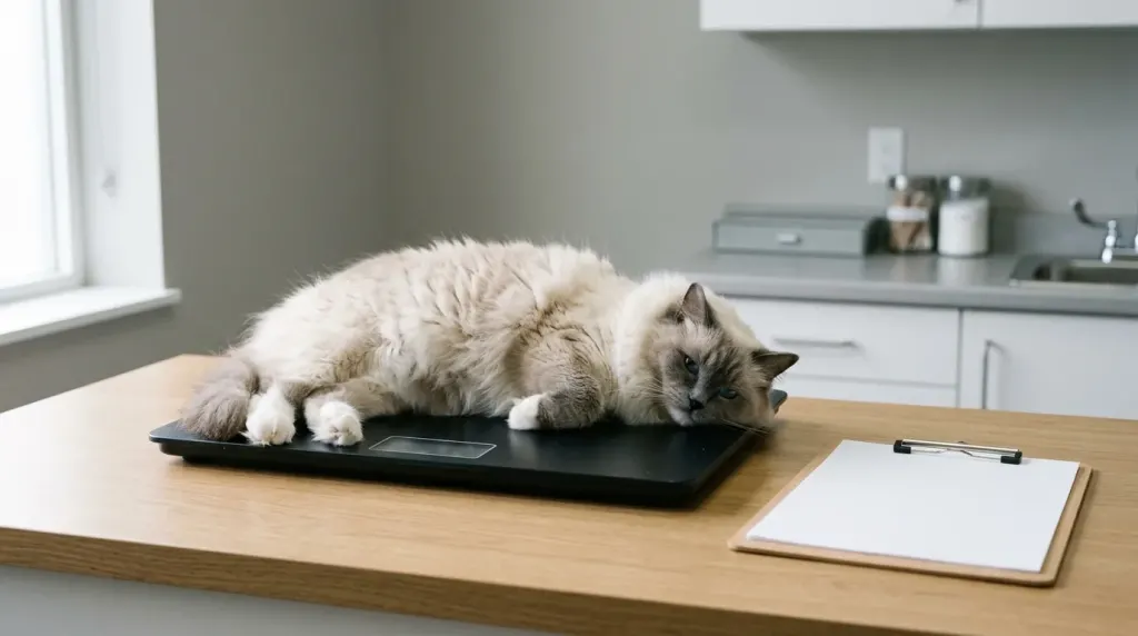 An adult Ragdoll cat on a digital pet scale during a routine weight and health monitoring checkup
