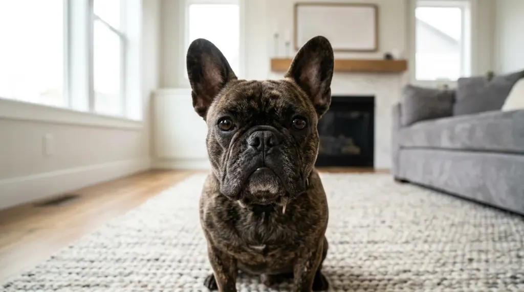 Detailed visual appearance and head profile of a brindle French Bulldog showing facial wrinkles, open nostrils, and upright bat ears