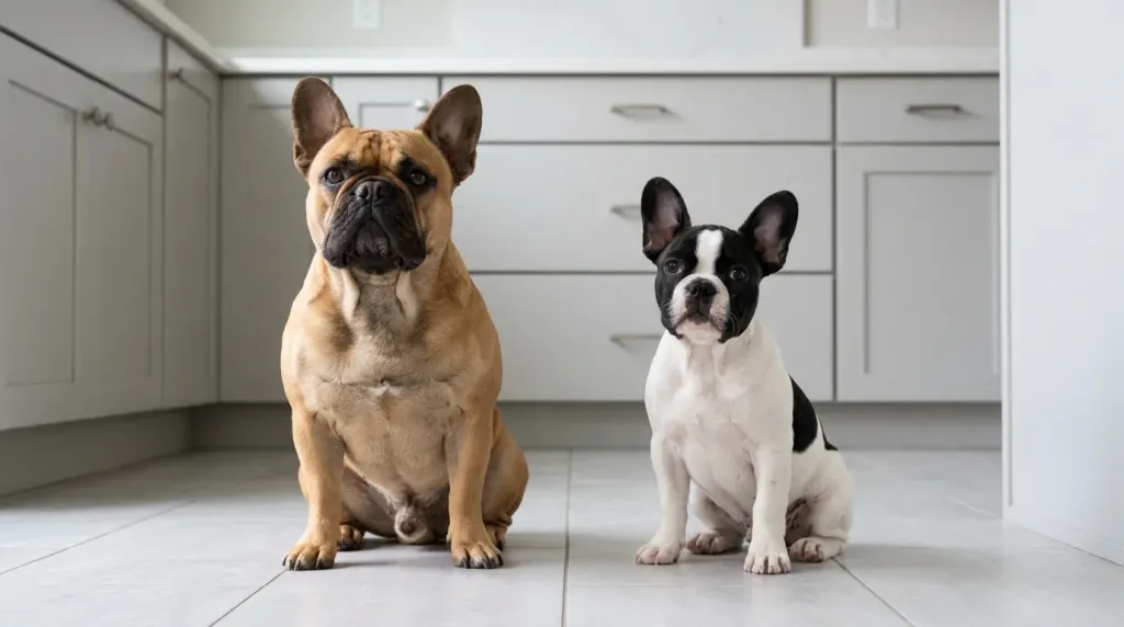 Visual appearance comparison between a French Bulldog with rounded bat ears and a Boston Terrier with pointed ears