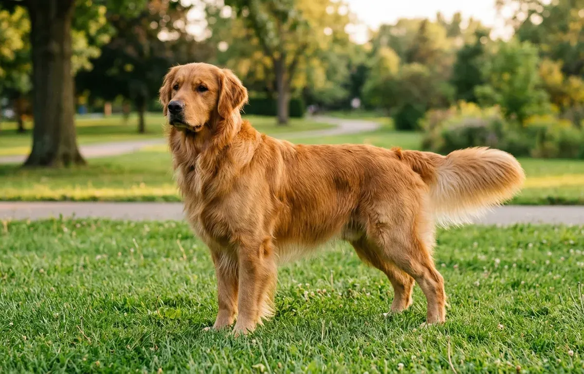 A purebred adult Golden Retriever standing in a park displaying standard golden coat feathering and balanced athletic build