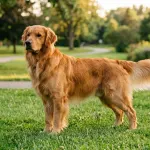 A purebred adult Golden Retriever standing in a park displaying standard golden coat feathering and balanced athletic build