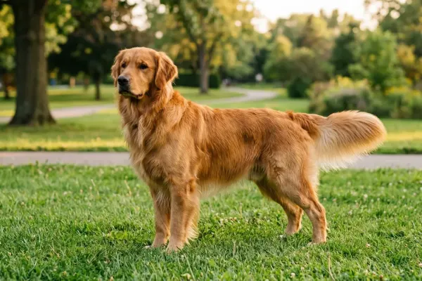 A purebred adult Golden Retriever standing in a park displaying standard golden coat feathering and balanced athletic build