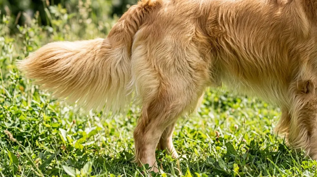Close-up of Golden Retriever coat texture showing thick water-repellent fur and feathery fringe on the tail