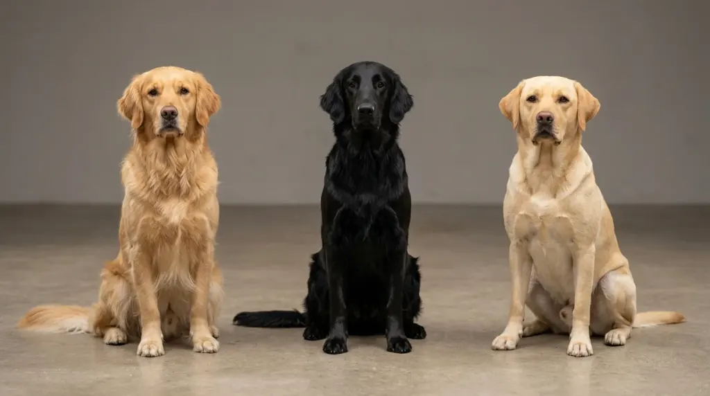 Side-by-side comparison of a Golden Retriever, a Flat-Coated Retriever, and a Yellow Labrador highlighting coat and facial differences