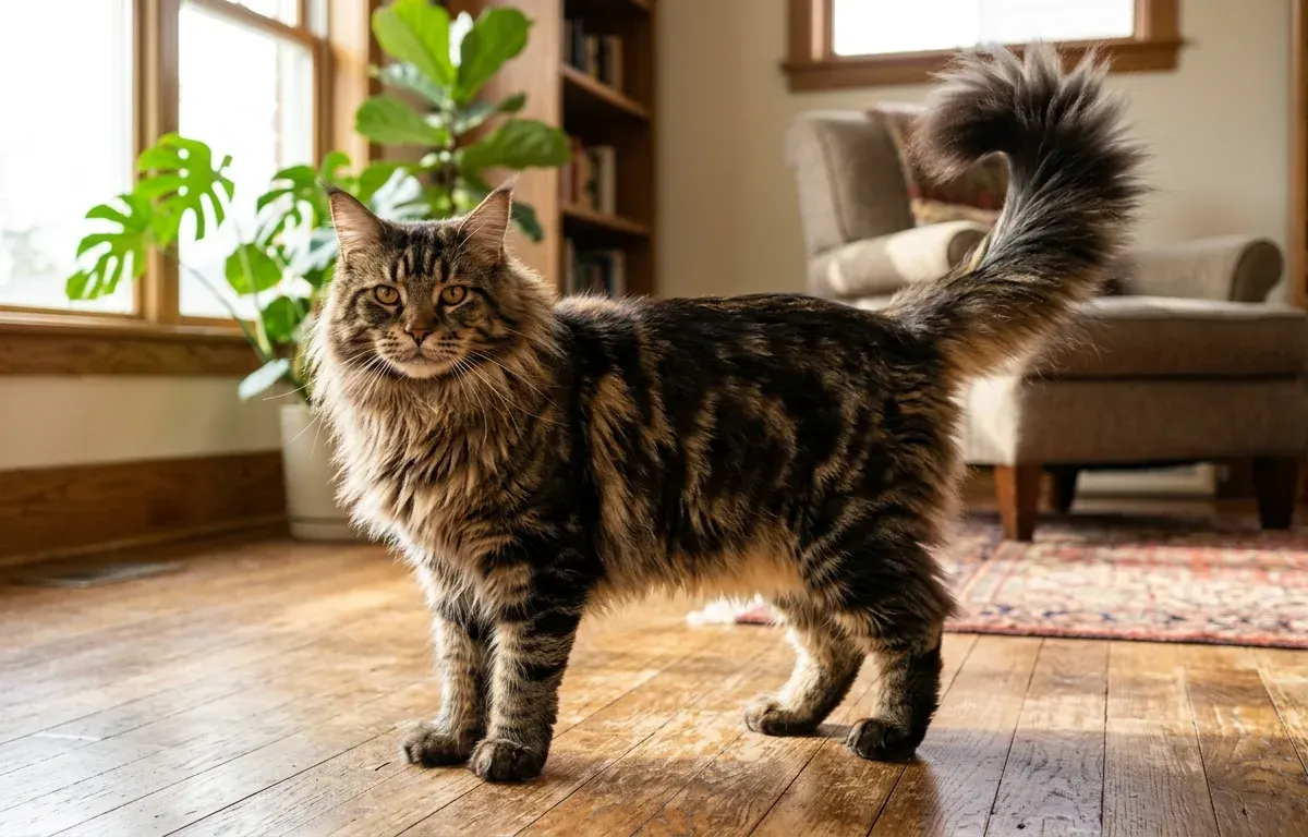 Full body view of a large adult Maine Coon cat showing its rectangular body, shaggy coat, and bushy tail.