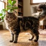 Full body view of a large adult Maine Coon cat showing its rectangular body, shaggy coat, and bushy tail.